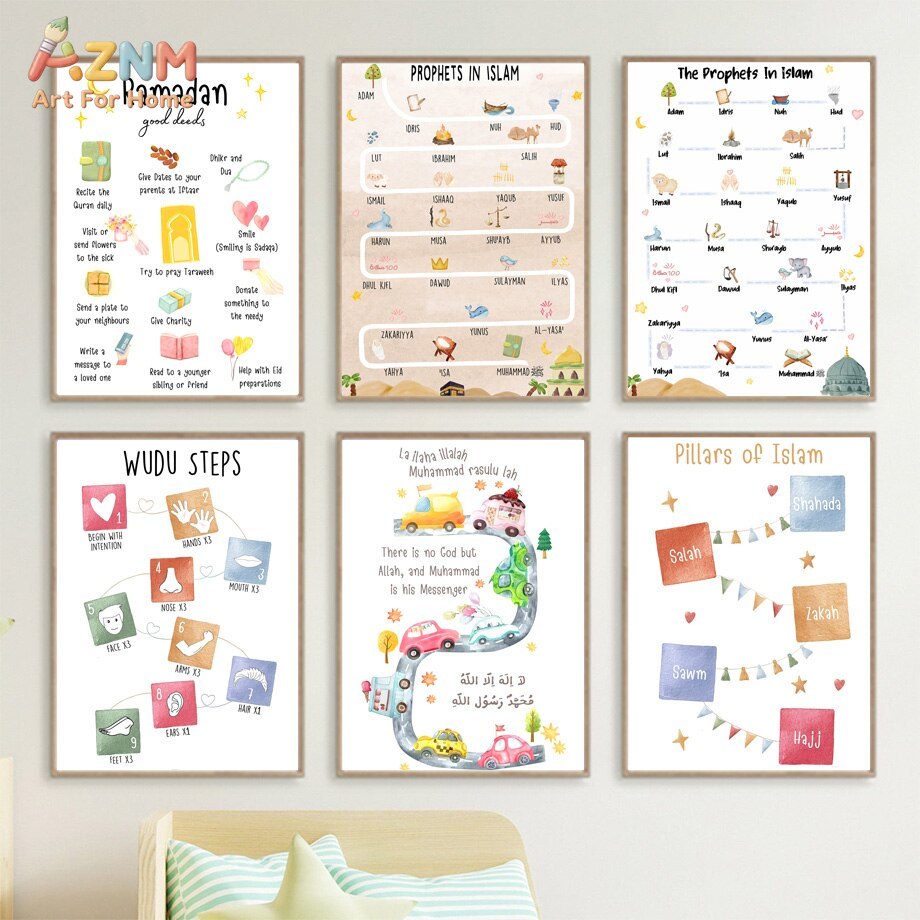Kids Education Steps - AZNM Suluboya İslami Çocuklar Kanvas Baskı